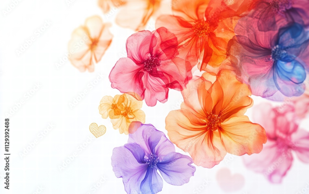 A dynamic composition of colorful flowers gracefully floating on a white background, capturing the spirit of valentines day A dynamic composition of colorful flowers gracefully floating on a white background, capturing the spirit of valentines day