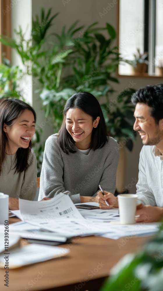 People enjoying a brainstorming session with laughter and ideas in a bright workspace People enjoying a brainstorming session with laughter and ideas in a bright workspace