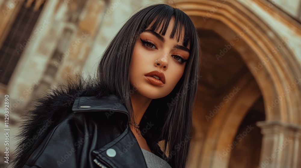 Fototapeta premium A confident woman with striking makeup and a leather jacket stands in front of an ornate archway, exuding a sense of modern style and elegance.