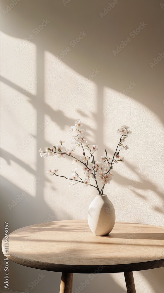 Delicate blossoms in a minimalist vase on a wooden table with soft sunlight shadows Delicate blossoms in a minimalist vase on a wooden table with soft sunlight shadows