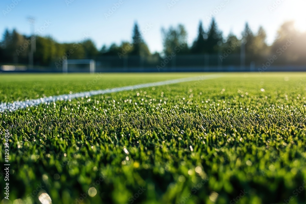 Lush green soccer field at sunset with soft sunlight illuminating artificial grass Lush green soccer field at sunset with soft sunlight illuminating artificial grass