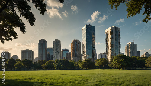 A grassy parkland stretches before a cityscape of tall buildings. Clouds are visible 