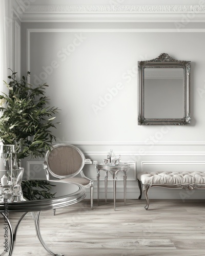 A graceful room with lush greenery, silver seating, and a central table for item display.