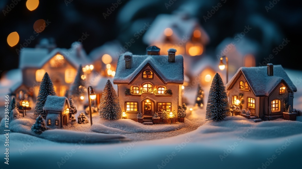 A snowy village set displayed on a sideboard, lit by miniature glowing streetlamps A snowy village set displayed on a sideboard, lit by miniature glowing streetlamps
