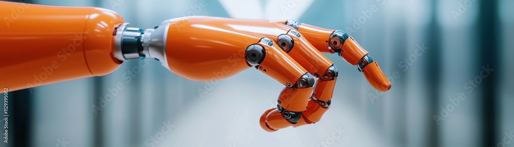 A close-up of an orange robotic hand, showcasing intricate mechanical joints and fingers, set against a blurred background. A close-up of an orange robotic hand, showcasing intricate mechanical joints and fingers, set against a blurred background.