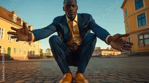 A man dressed in a sharp suit squats confidently on a cobblestone street, surrounded by historic European buildings, presenting a blend of tradition and modernity. photo