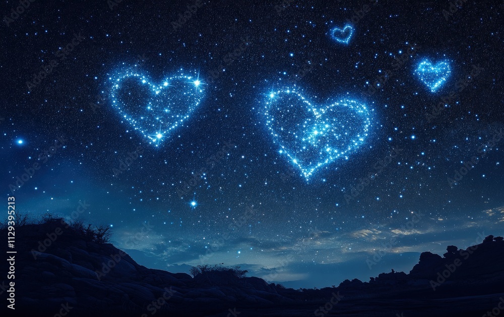 Obraz premium A romantic starry night sky with heart-shaped constellations glowing brightly for valentines day