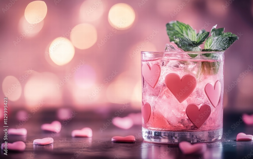 A glass of pink lemonade with heart-shaped ice cubes and fresh mint leaves for valentines day A glass of pink lemonade with heart-shaped ice cubes and fresh mint leaves for valentines day