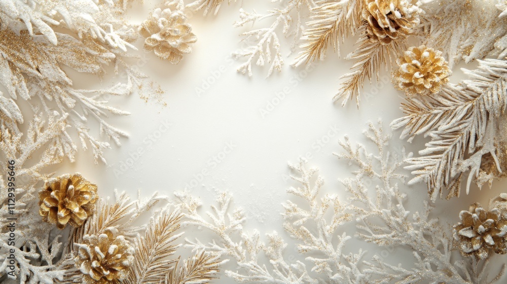 An elegant winter scene featuring golden pinecones and frosted branches on a light background, perfect for festive occasions and holiday cheer. An elegant winter scene featuring golden pinecones and frosted branches on a light background, perfect for festive occasions and holiday cheer.