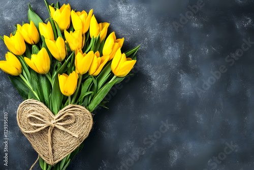 Bouquet of yellow tulips on dark grey background. Spring season. photo