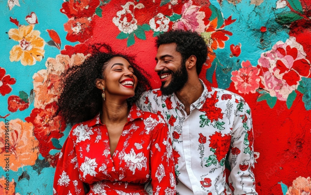 A couple dressed in matching red and white outfits smiling against a vibrant valentines day background A couple dressed in matching red and white outfits smiling against a vibrant valentines day background