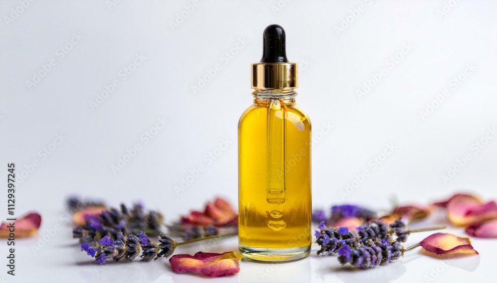 Golden serum bottle with lavender and rose petals. Golden serum bottle with lavender and rose petals.