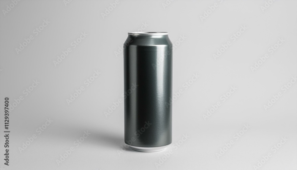 Sleek dark gray aluminum can on a minimalist background. Sleek dark gray aluminum can on a minimalist background.
