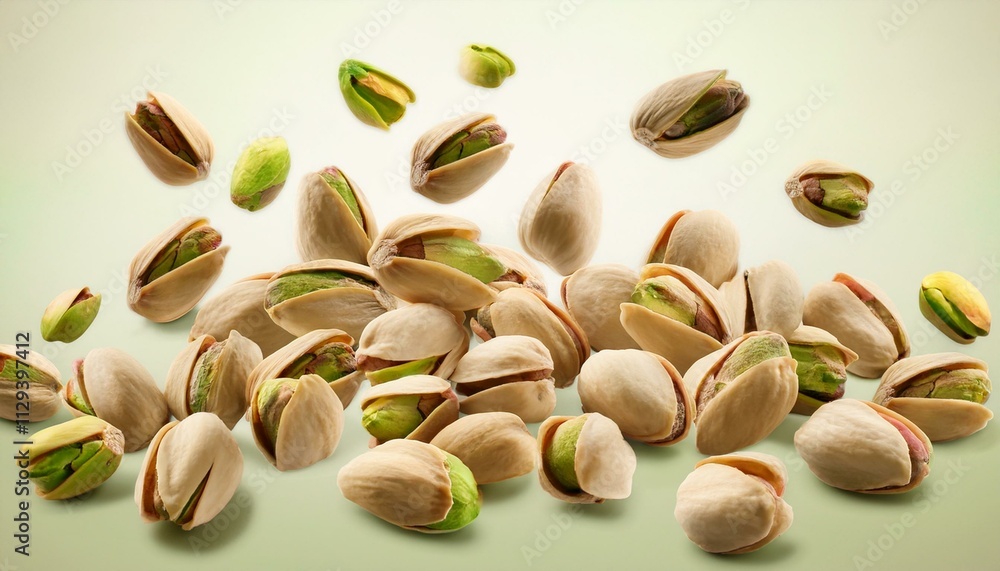 A pile of pistachios in mid-air, some open and some closed, showcasing their natural colors and textures. A pile of pistachios in mid-air, some open and some closed, showcasing their natural colors and textures.