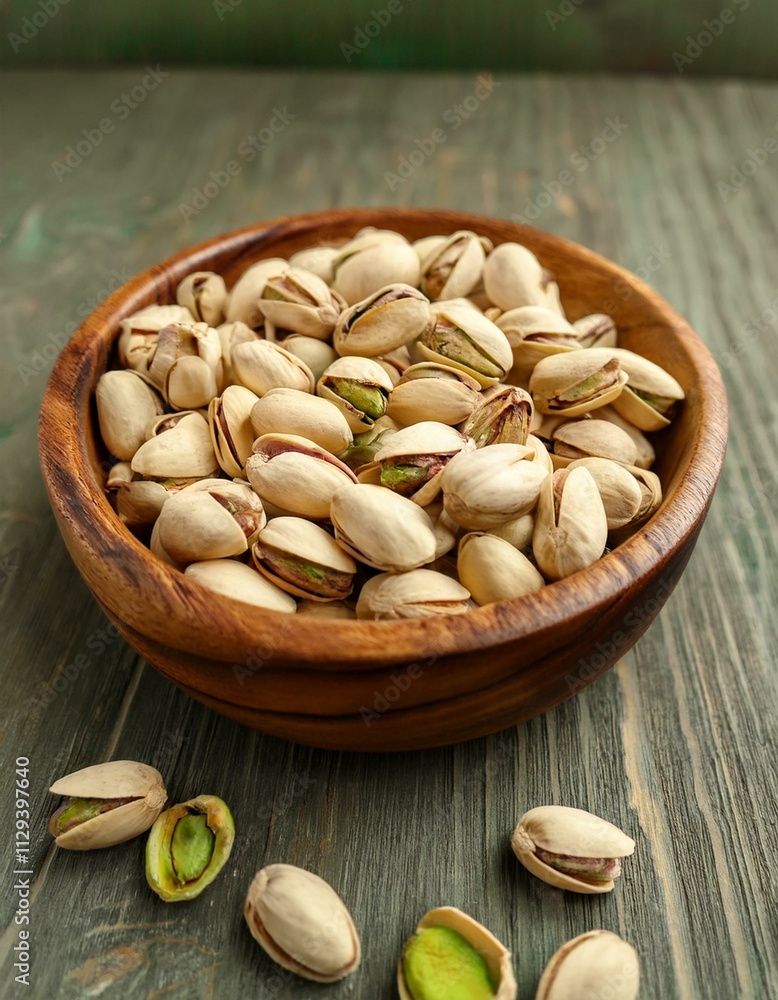 A wooden bowl overflowing with shelled pistachios.  A few more nuts sit scattered on the table.