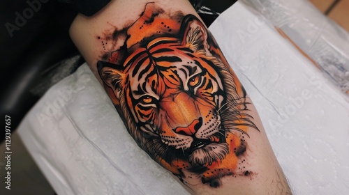 A detailed tattoo depicting a vibrant tiger in a striking pose with a fierce orange and black hue, showcasing skillful artistry and intense expression. photo