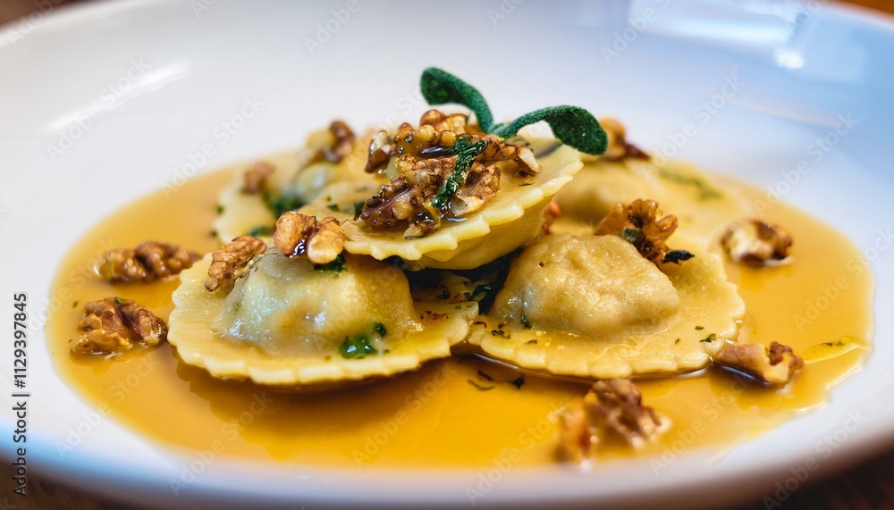 Delicious homemade ravioli with walnuts and sage butter sauce. Delicious homemade ravioli with walnuts and sage butter sauce.