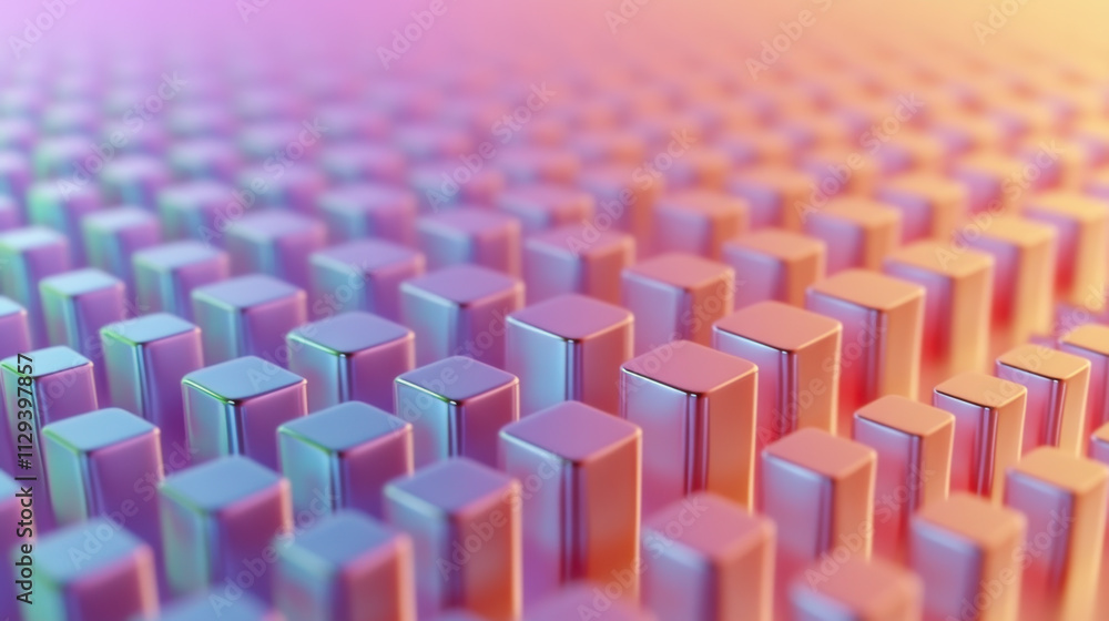 Obraz premium Colorful geometric pattern with rounded cubes on a surface reflecting light during early morning hours
