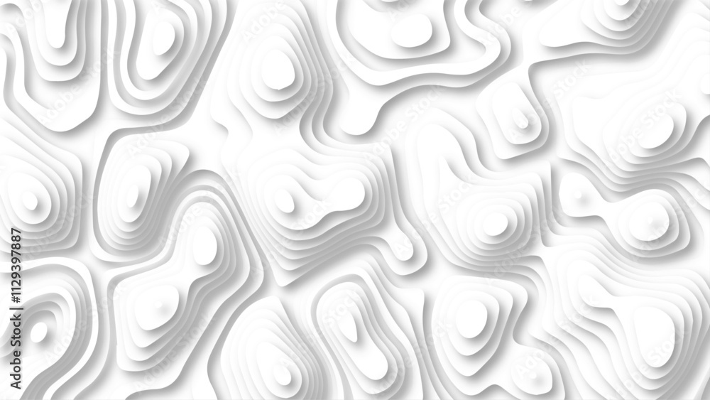 Abstract 3d wavy line paper cut white background. Topographic canyon geometric map relief texture with curved layers and shadow. Abstract 3d wavy line paper cut white background. Topographic canyon geometric map relief texture with curved layers and shadow.
