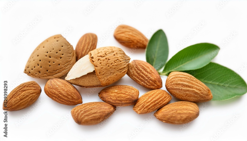 Close-up of almonds with leaves. Healthy snack. Close-up of almonds with leaves. Healthy snack.