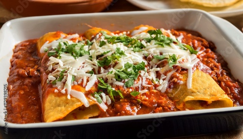 Delicious enchiladas topped with cheese and cilantro.