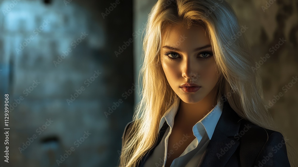 Fototapeta premium Confident businesswoman with long blonde hair in a stylish suit posing in an industrial setting with dramatic lighting