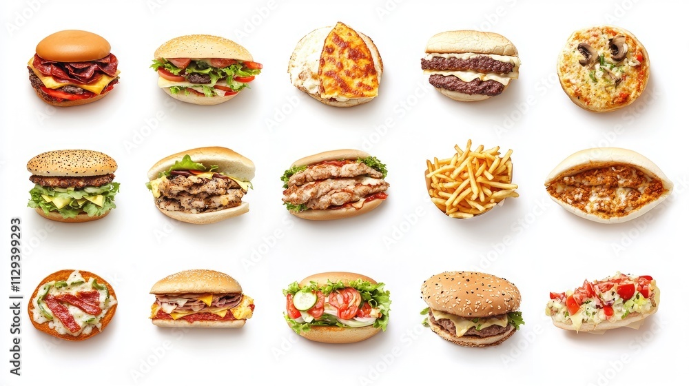 Assorted Fast Foods Collection Including Burgers Pizza Fries Chicken Shawarma and More on White Background Assorted Fast Foods Collection Including Burgers Pizza Fries Chicken Shawarma and More on White Background