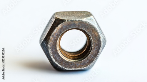 Metal hex nut on a clean white background showcasing its texture and design ideal for hardware and industrial themes