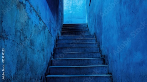 Staircase illuminated in blue tones creating a mysterious and atmospheric entrance or exit in an urban setting