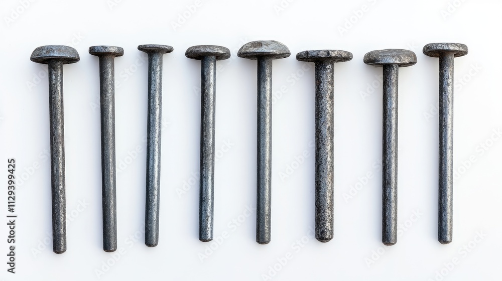 Collection of various metal steel nails arranged on a white background showcasing different lengths and sizes with space for text insertion. Collection of various metal steel nails arranged on a white background showcasing different lengths and sizes with space for text insertion.