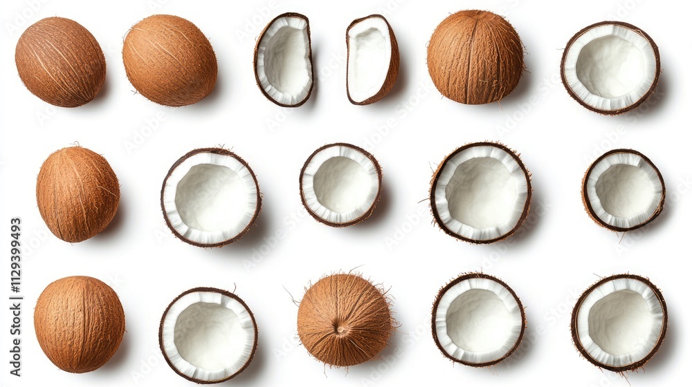 Fresh coconuts whole and in halves with slices arranged on white background top view for culinary and tropical themes Fresh coconuts whole and in halves with slices arranged on white background top view for culinary and tropical themes