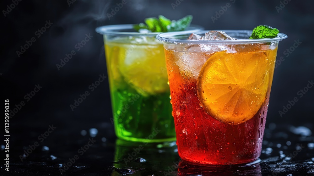 Refreshing summer drinks in colorful plastic cups with ice and citrus on a stylish black background. Perfect for seasonal beverage promotions. Refreshing summer drinks in colorful plastic cups with ice and citrus on a stylish black background. Perfect for seasonal beverage promotions.
