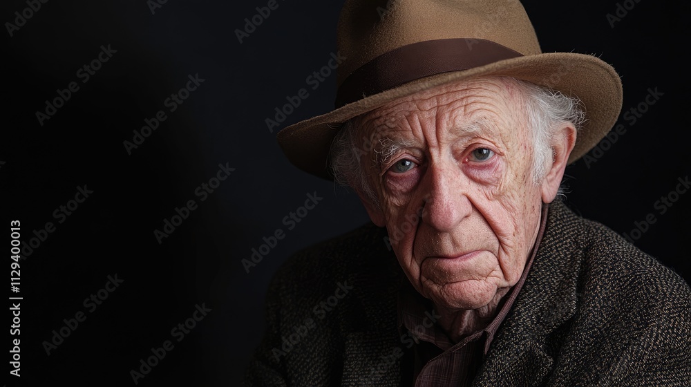 Emotive elderly man in studio portrait wearing a hat with a thoughtful expression highlighting the essence of aging and wisdom Emotive elderly man in studio portrait wearing a hat with a thoughtful expression highlighting the essence of aging and wisdom