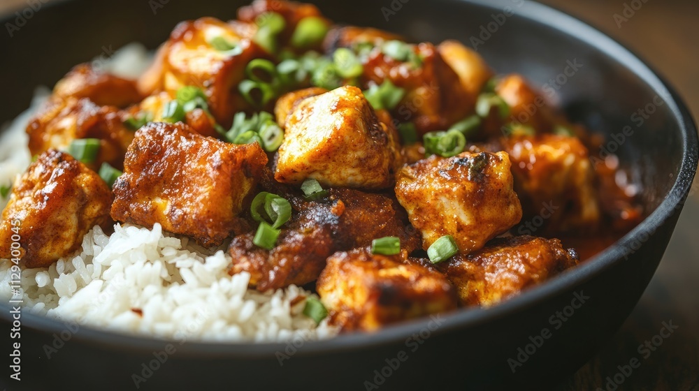 Spicy fried chicken with crispy tofu and steamed white rice garnished with green onions in a dark bowl. Spicy fried chicken with crispy tofu and steamed white rice garnished with green onions in a dark bowl.