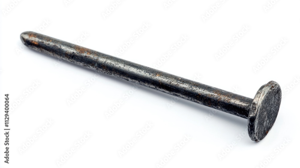 Steel nail on white background showcasing its side profile and detailed texture for construction and hardware related themes. Steel nail on white background showcasing its side profile and detailed texture for construction and hardware related themes.
