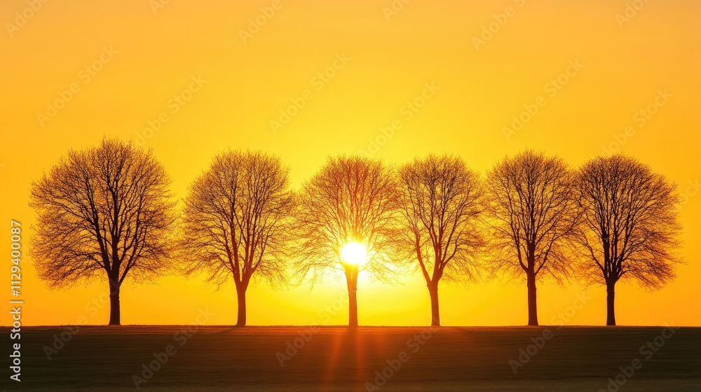 Silhouette of trees at sunrise with golden sunlight creating a stunning backlight in a tranquil countryside setting during golden hour Silhouette of trees at sunrise with golden sunlight creating a stunning backlight in a tranquil countryside setting during golden hour