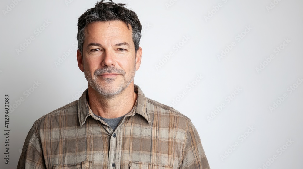 Middle aged man in casual attire posing against a plain white background conveying confidence and approachability in studio portraiture Middle aged man in casual attire posing against a plain white background conveying confidence and approachability in studio portraiture
