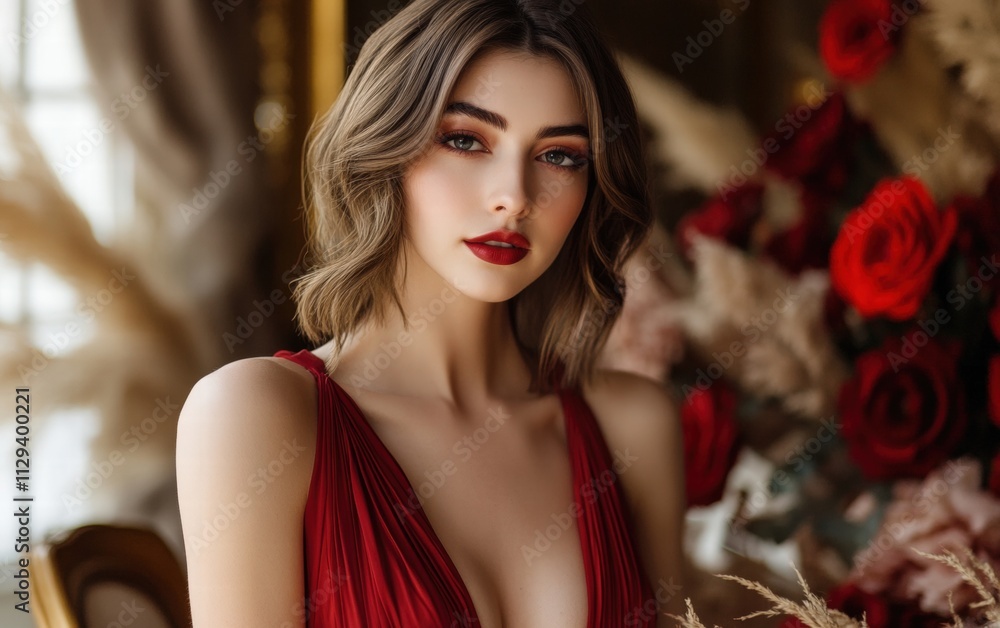 A glamorous woman in a flowy red dress with elegant makeup posing in a romantic valentines day setting A glamorous woman in a flowy red dress with elegant makeup posing in a romantic valentines day setting