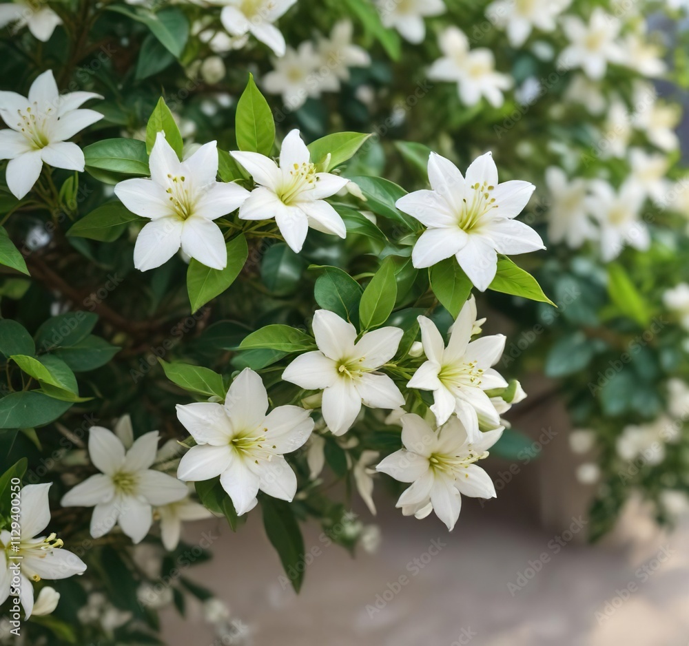 White jasmine flowers with green leaves in natural light, white flowers, nature, green leaves White jasmine flowers with green leaves in natural light, white flowers, nature, green leaves