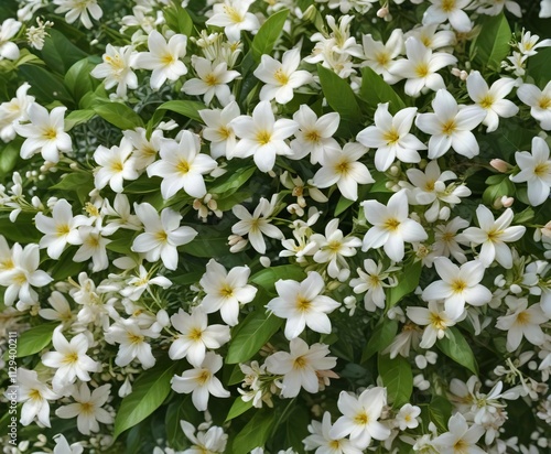 White jasmine petals mixed with various spring flowers and leaves on a colorful base, floral decoration, blooming plants, spring blooms, decorative collage photo