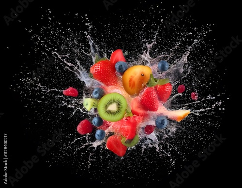 A burst of fruits like strawberries, blueberries, and kiwis exploding in mid-air, with juice splashes frozen in time, on a black background. photo