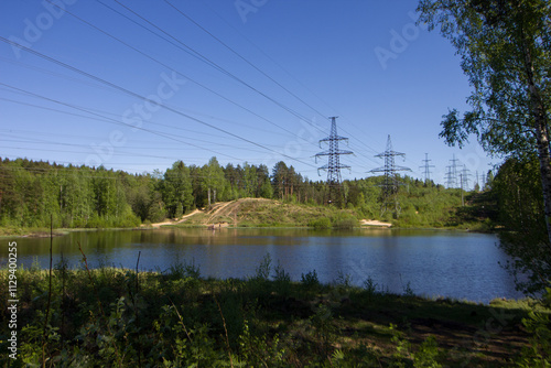 Lake with electric poles. Yukki village photo