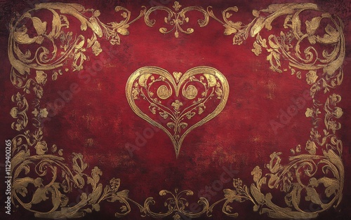 A rich crimson background with elegant gold heart designs and shimmering accents for valentines day