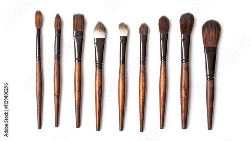 Set of professional paint brushes with wooden handles arranged in a row isolated on a clean white background for artistic purposes.