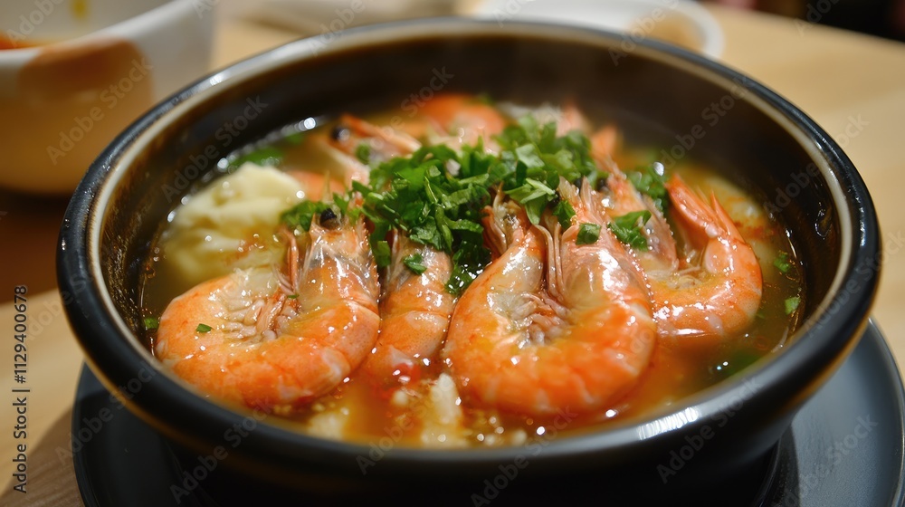 Savory prawn soup garnished with fresh herbs and spices in a rustic bowl on a wooden table. Savory prawn soup garnished with fresh herbs and spices in a rustic bowl on a wooden table.