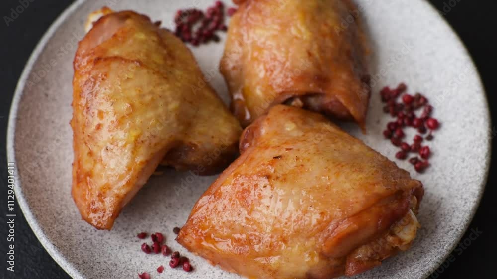 Chicken thighs fried with salt, spices and herbs on a dark concrete background Chicken thighs fried with salt, spices and herbs on a dark concrete background