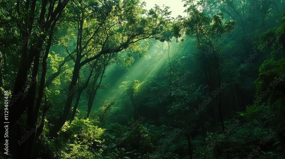 Sunlit Appearing Forest with Lush Green Foliage and Soft Rays of Light Filtering Through Tree Canopy Creating a Serene Atmosphere Sunlit Appearing Forest with Lush Green Foliage and Soft Rays of Light Filtering Through Tree Canopy Creating a Serene Atmosphere