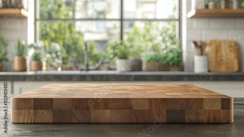 Wooden cutting board on end grain countertop in a bright kitchen with greenery blurred in the background ideal for product display and design.