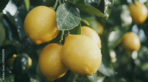 Close-up of ripe yellow lemons on a tree showcasing freshness and texture ideal for food or gardening backgrounds and harvest themes. photo