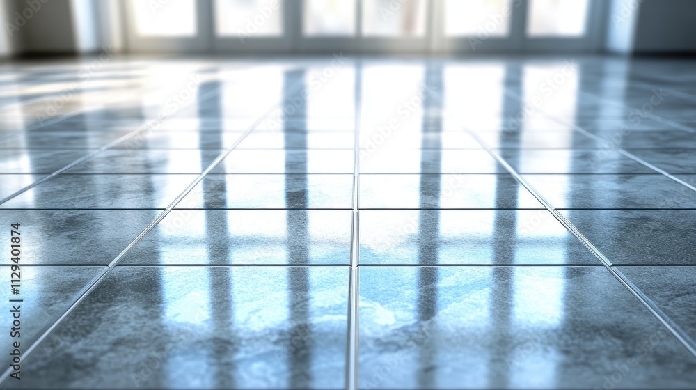 Modern clean reflective tile floor with sunlight creating patterns in a spacious interior setting suitable for architectural design and renovation.